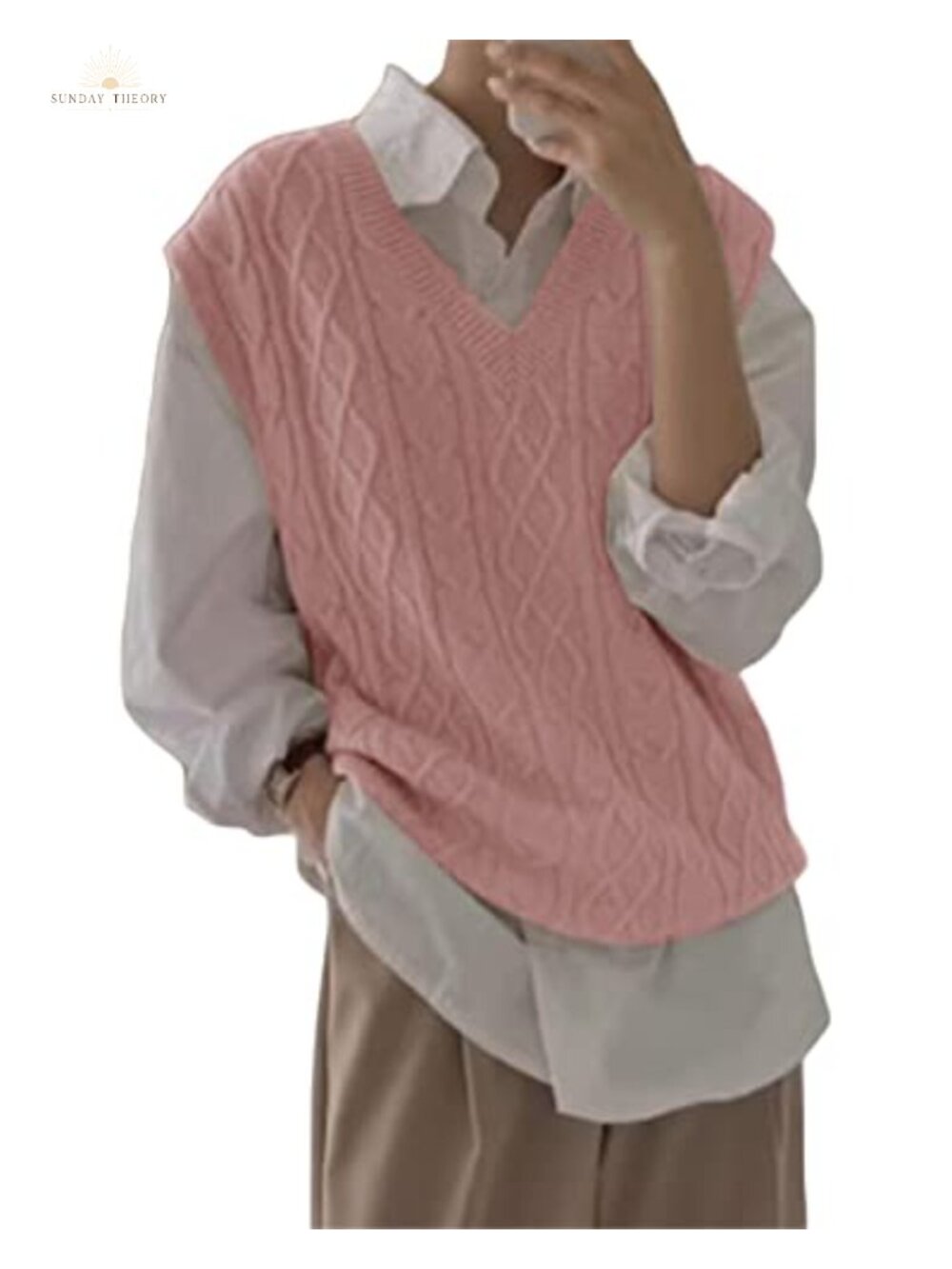 V Neck Cable Knit Sweater Vest Oversized Sleeveless Loose Fit Pullover Top
